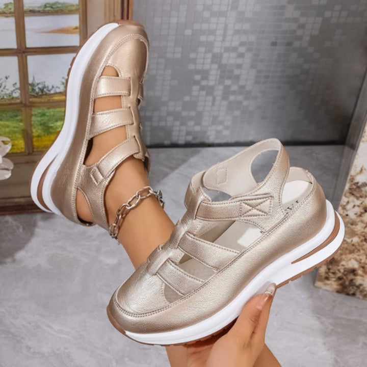 Women’s Wedge Sandals – Closed Toe – Cut-Out Design – Cushioned Platform – Velcro Straps