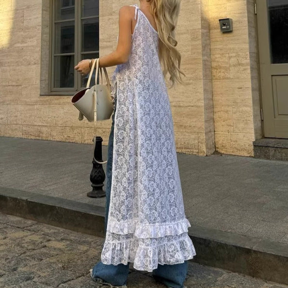 Women’s Lace Dress – A-Line Fit – V-Neck – Tie Shoulder – Ruffle Trim – Side Split