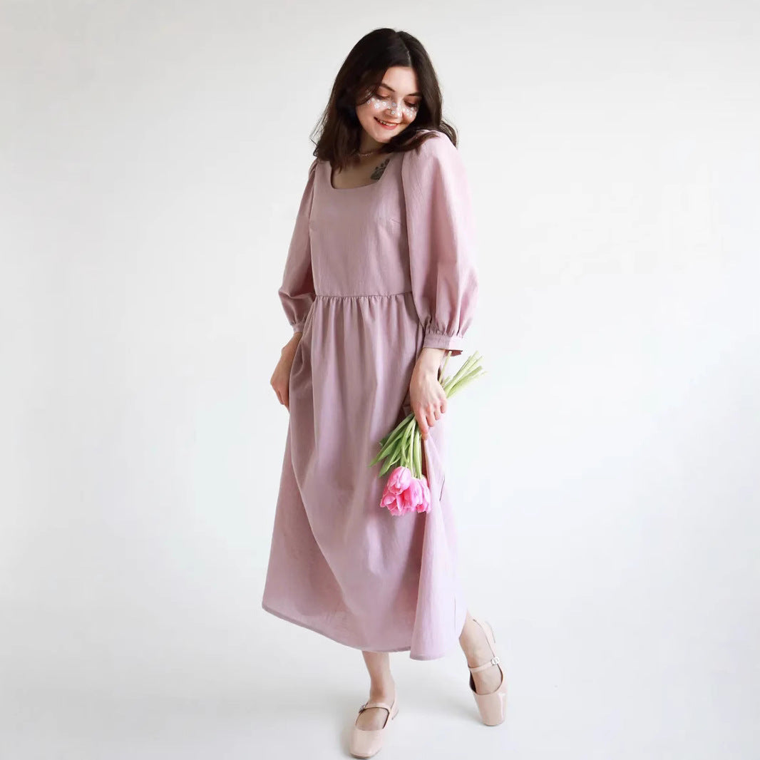Women’s Midi Dress – Lightweight Cotton – A-Line Fit – Square Neck – 3/4 Puff Sleeve