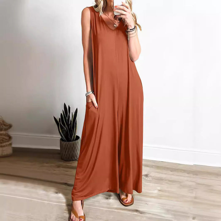 Women’s Maxi Dress – Soft Knit – Flowing Fit – Sleeveless V-Neck with Side Pockets