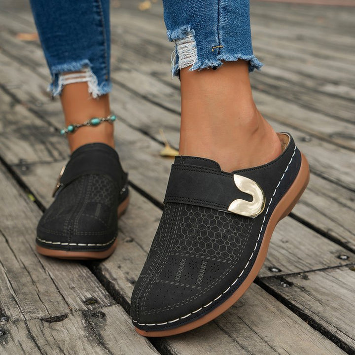 Women’s Mule Sandals – Slip-On Comfort – Perforated Upper – Decorative Buckle