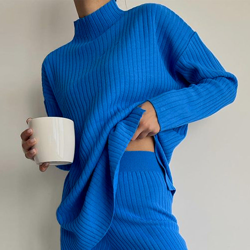 Women’s Knit Loungewear Set – Ribbed Texture – Relaxed Fit – Semi-High Neck – Full Length