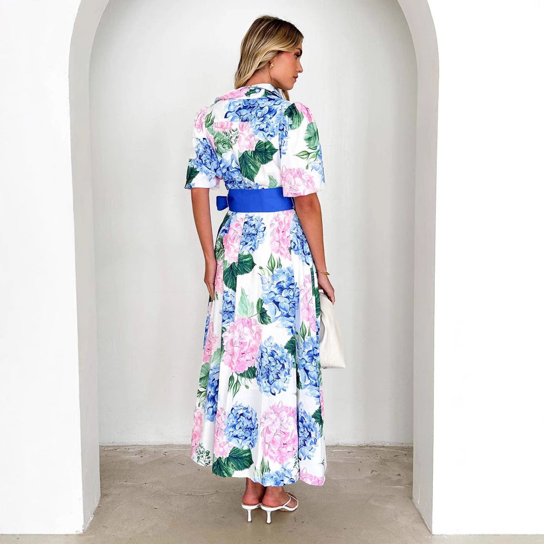 Women’s Maxi Dress – V-Neck – Short Sleeve – A-Line Fit – Waist Tie – Flowing Skirt
