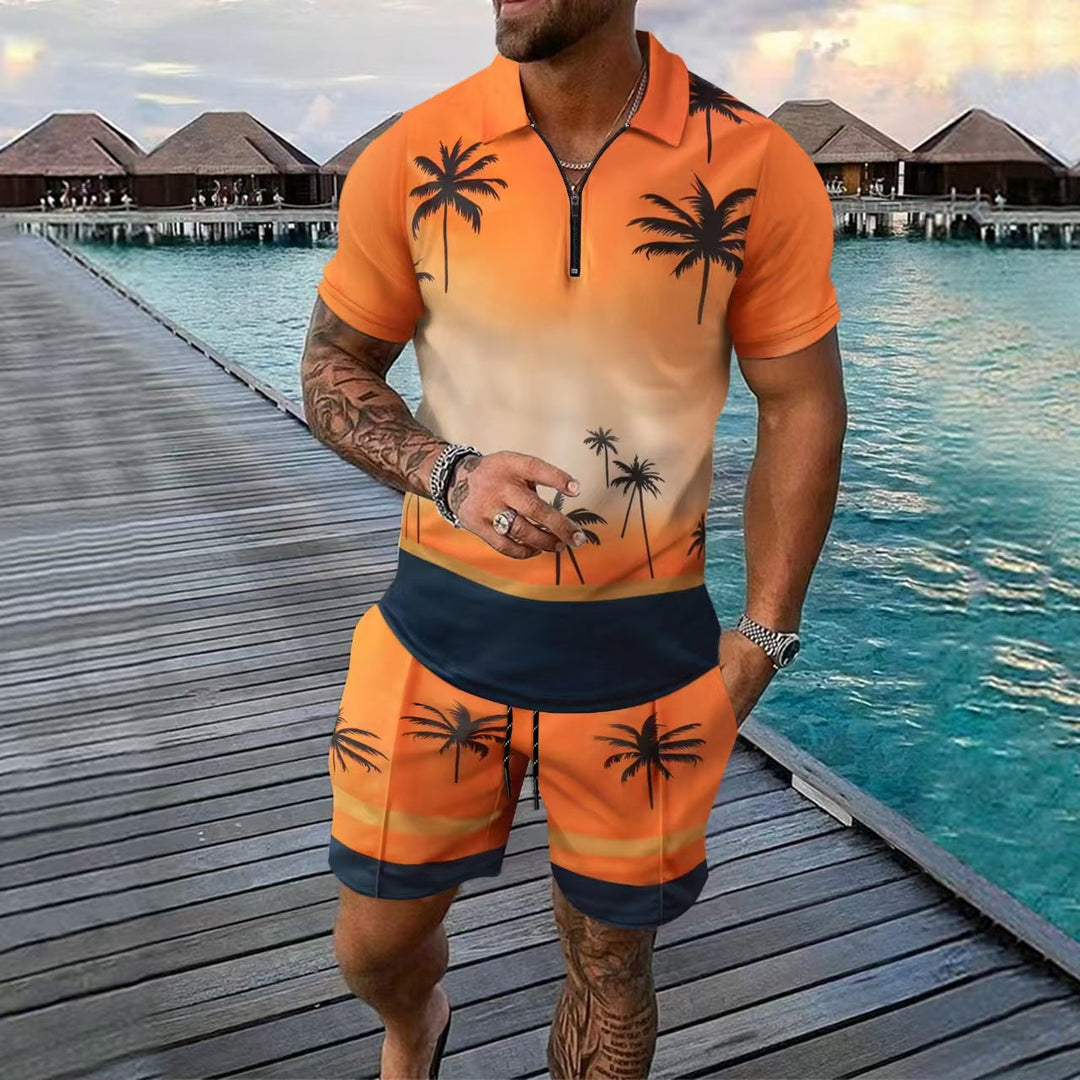 Men’s Two-Piece Set – Slim Fit – Cotton Blend – Zip Neckline – Tropical Print