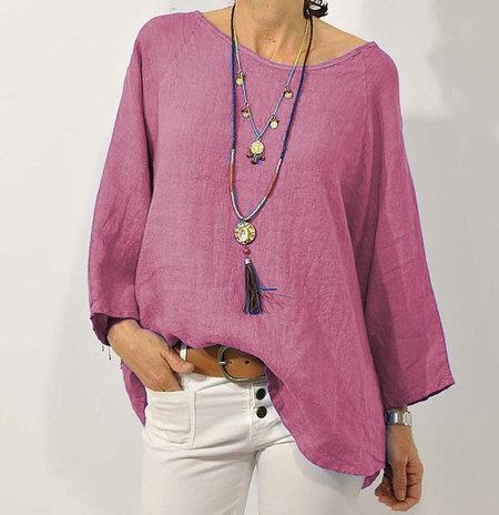 Women’s Top – Cotton Linen Blend – Relaxed Fit – 3/4 Raglan Sleeve – Asymmetrical Hem – Round Neck