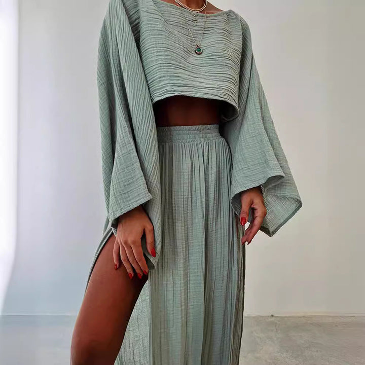 Women’s Two-Piece Set – Cotton Blend – Boat Neck Crop Top – High Slit Maxi Skirt