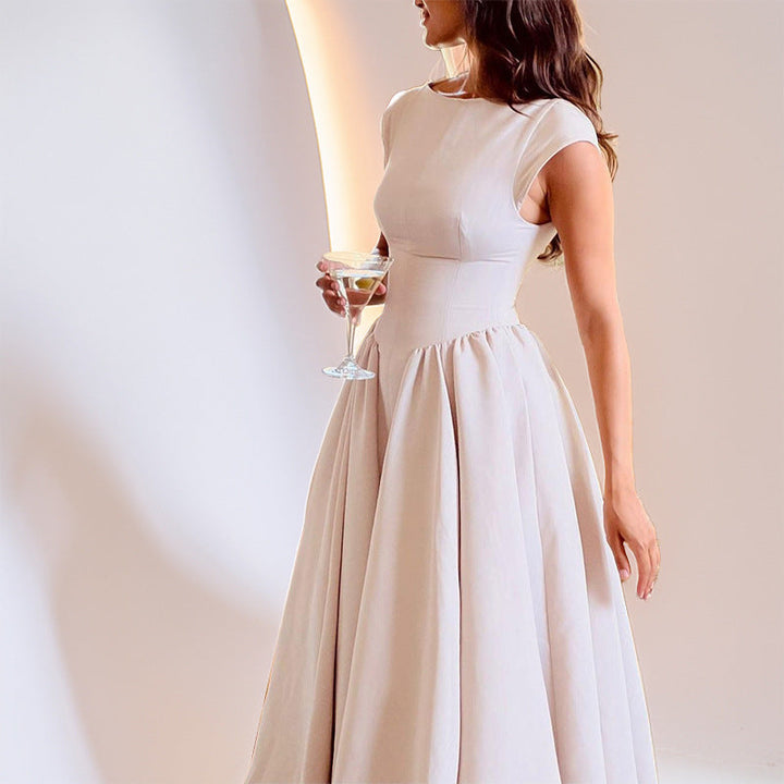 Women’s Midi Dress - Fitted Bodice - Pleated Flared Skirt - Sleeveless High Neckline
