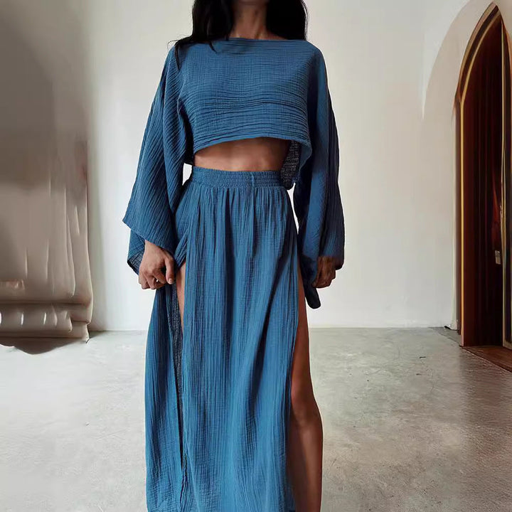 Women’s Two-Piece Set – Cotton Blend – Boat Neck Crop Top – High Slit Maxi Skirt