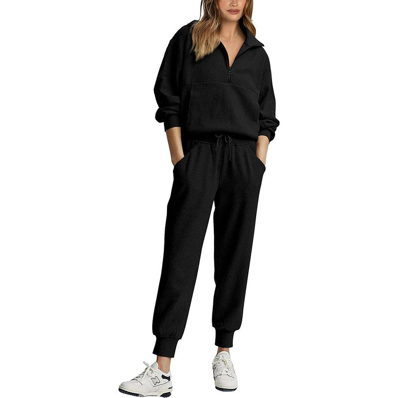 Women’s Tracksuit Set – Ribbed Fabric – Relaxed Fit – Half Zip Pullover – Drawstring Waist