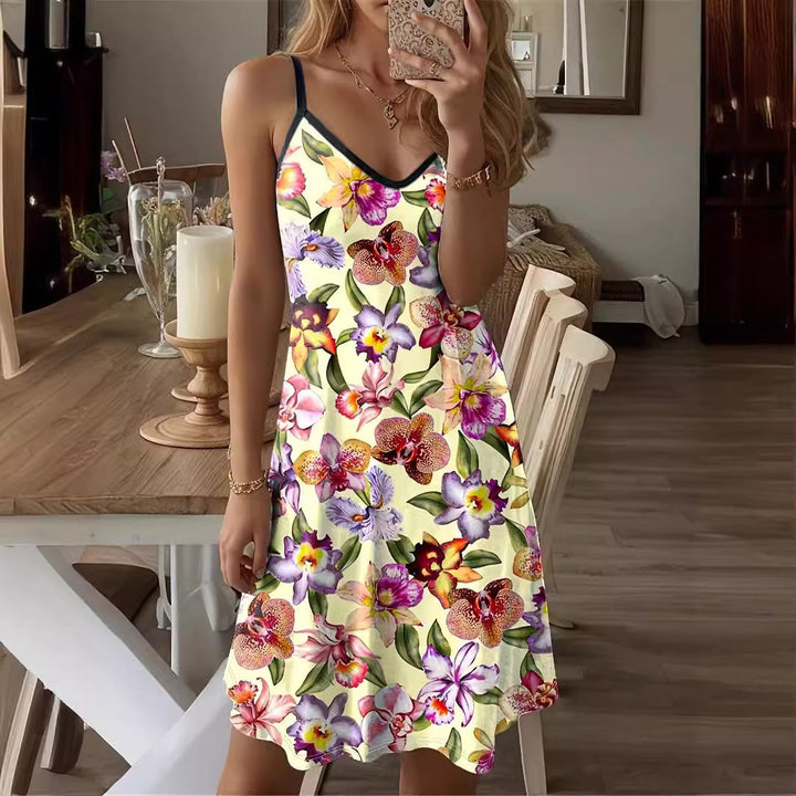 Women’s Mini Dress – A-Line Fit – V-Neck – Spaghetti Straps – Breathable Blend