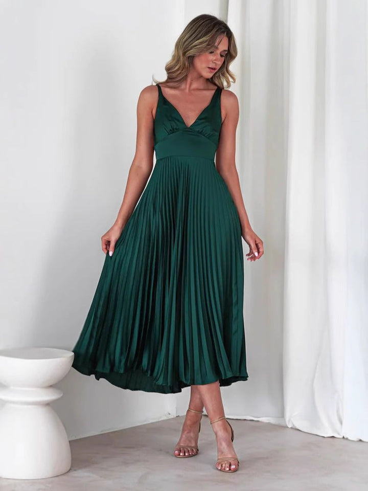 Women’s Midi Dress – V-Neck – Fitted Bodice – Pleated Skirt – Spaghetti Straps