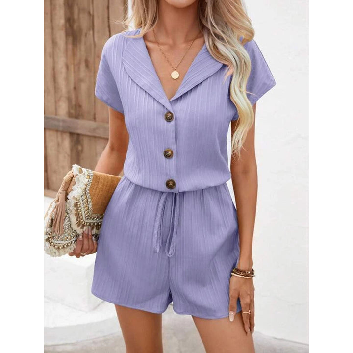 Women’s Romper - Relaxed Fit - Short Sleeve - Drawstring Waist - Notched Collar - Button Front