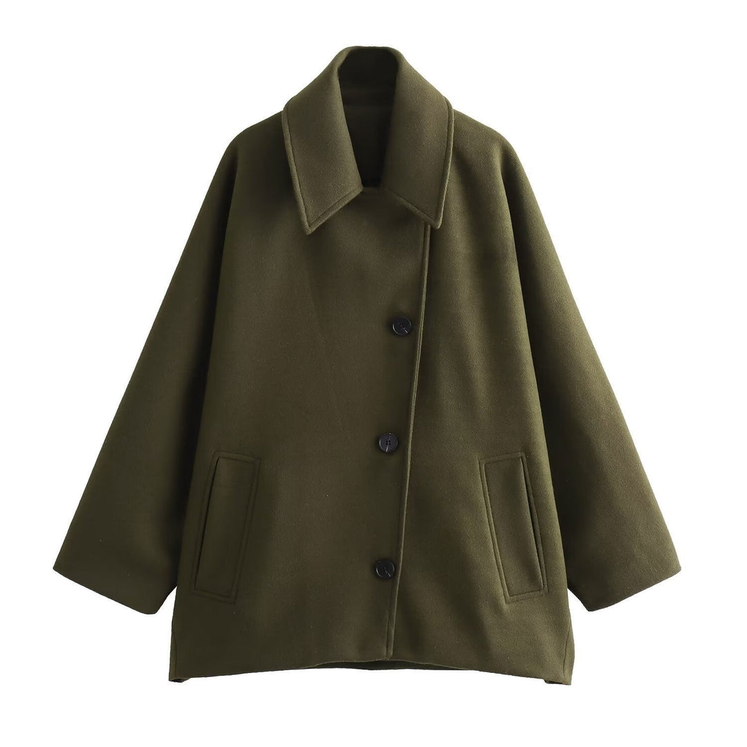 Women’s Wool Jacket - Oversized Fit - Wide Collar - Button Front - Casual Mid-Length