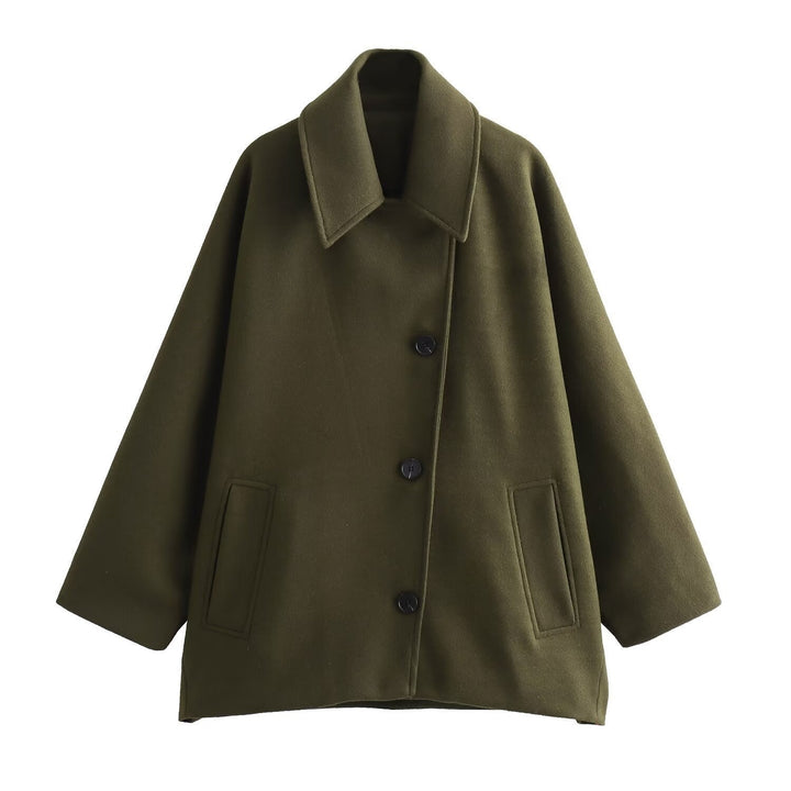 Women’s Wool Jacket - Oversized Fit - Wide Collar - Button Front - Casual Mid-Length