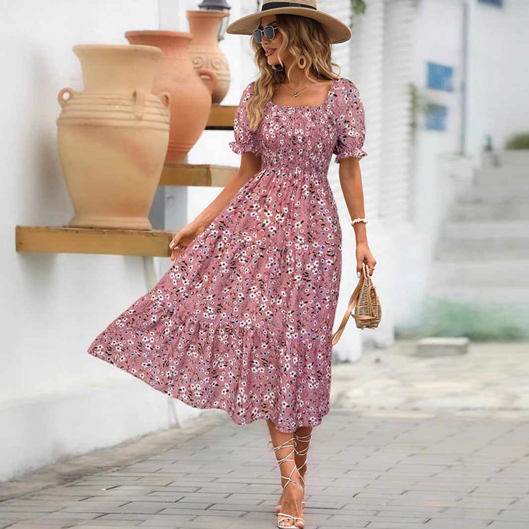 Women’s Midi Dress - Smocked Bodice - Puff Sleeve - Square Neck - Floral Print