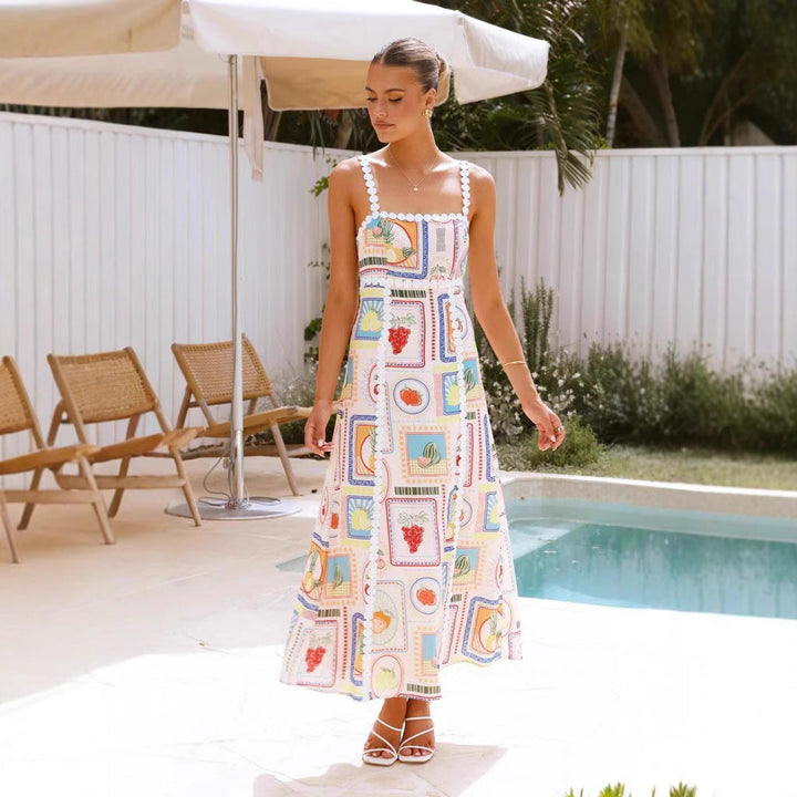 Women’s Sundress – Beaded Straps – Square Neckline – Flowy Skirt – Graphic Print