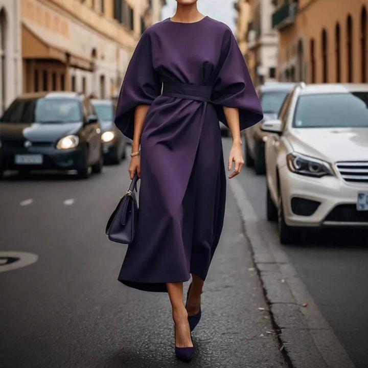 Women’s Long Dress - Draped Fit - Belted Waist - ¾ Sleeve - Elegant Eveningwear