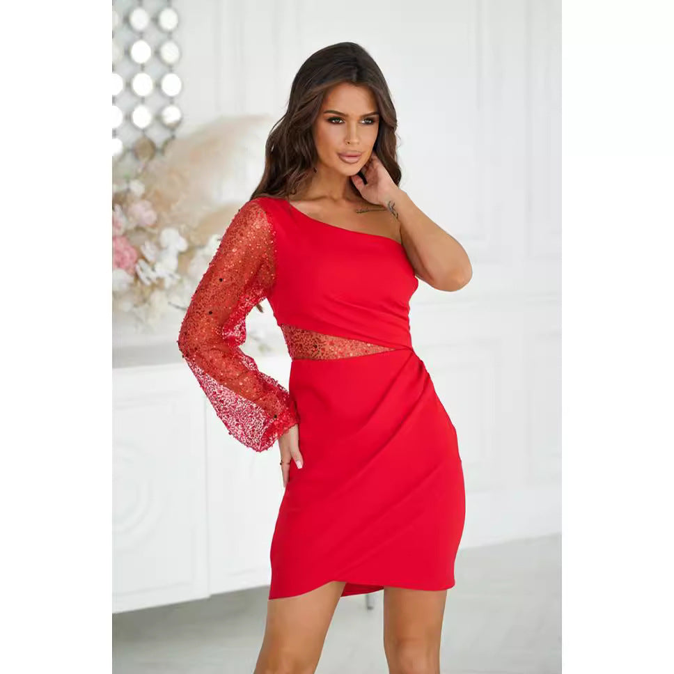 Women’s Mini Dress – One Shoulder – Sequin Sheer Sleeve – Cut-Out Waist – Bodycon Fit