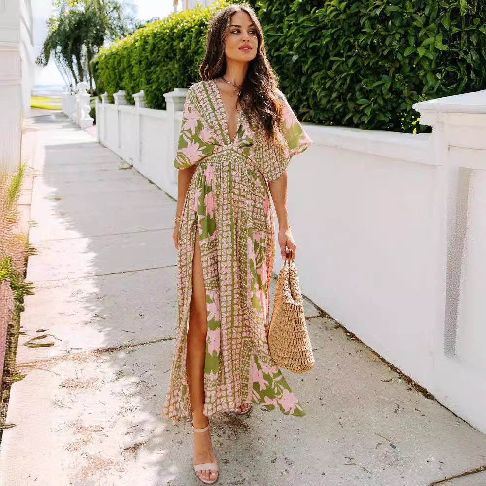 Women's Maxi Dress - Deep V-Neck - Short Sleeve - Tie Waist - Floral Print - Flowy Fit