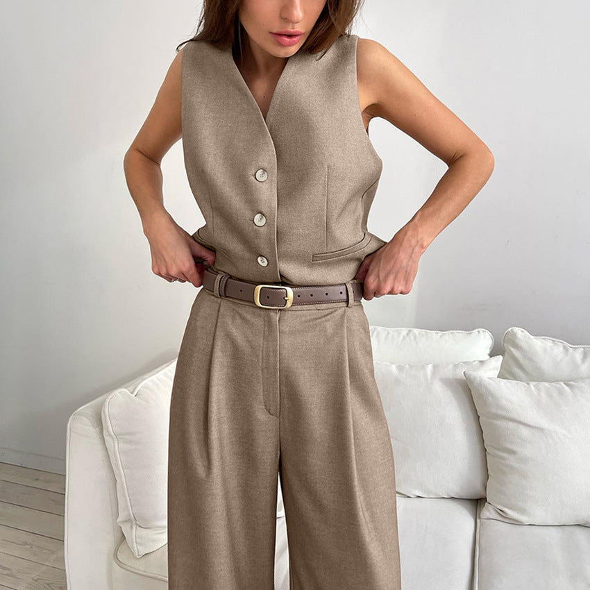 Women’s Vest and Trousers Set – Tailored Fit – High Waist – Wide Leg – Belted Suit Style
