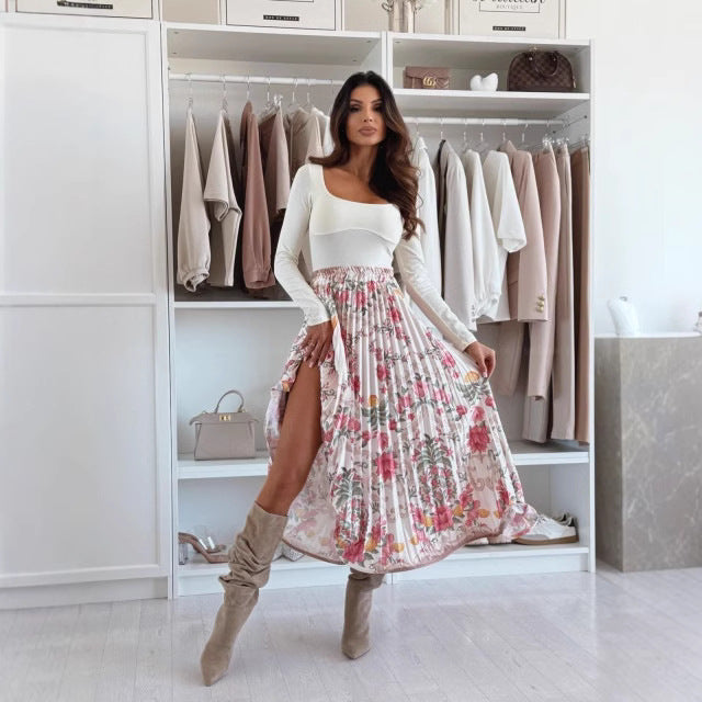 Women’s Midi Skirt - High Waist A-Line - Pleated Flowing Fit - Side Slit Statement Print