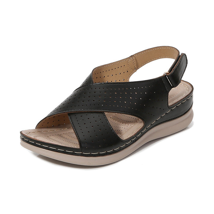 Women’s Sandals – Cushioned Sole – Crisscross Perforated Straps – Buckle Slingback