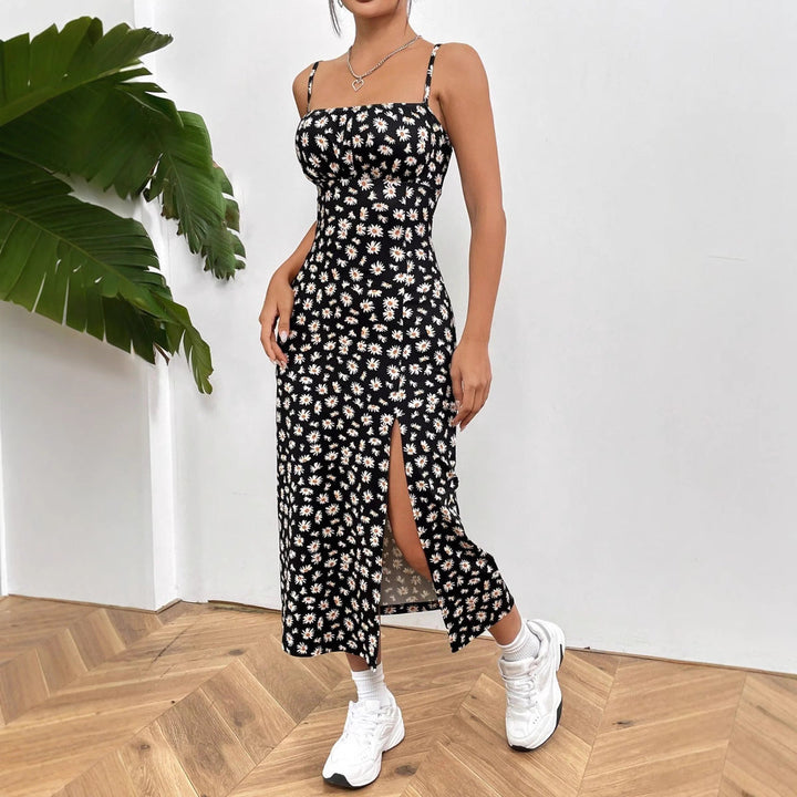 Women’s Midi Dress - Slim Fit - Spaghetti Straps - Floral Print - Side Slit Elegant Style