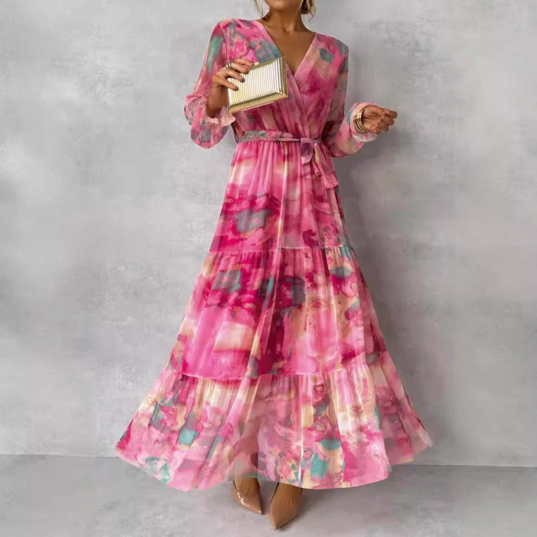 Women’s Long Dress – V-Neck Wrap – Belted Waist – Tiered Maxi Skirt – Flowy Fit