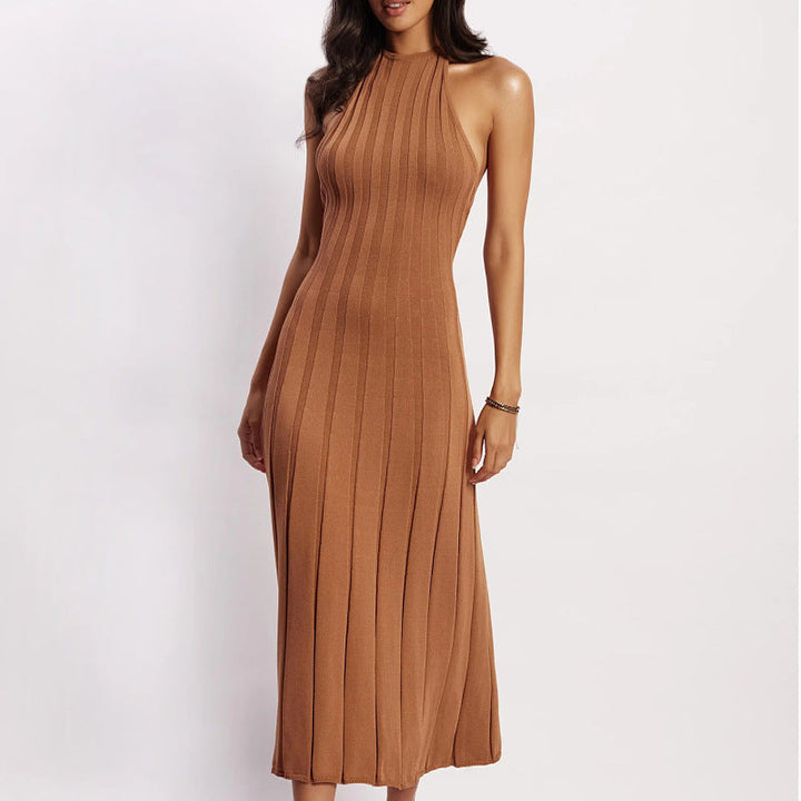 Women’s Midi Dress – Halter Neck – Ribbed Knit – Slim Fit – Flared Skirt