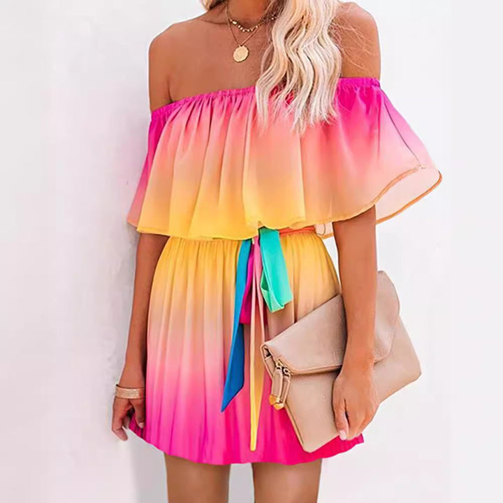 Women’s Dress – Off-Shoulder Ruffled Neckline – Cinched Waist – Breathable Blend