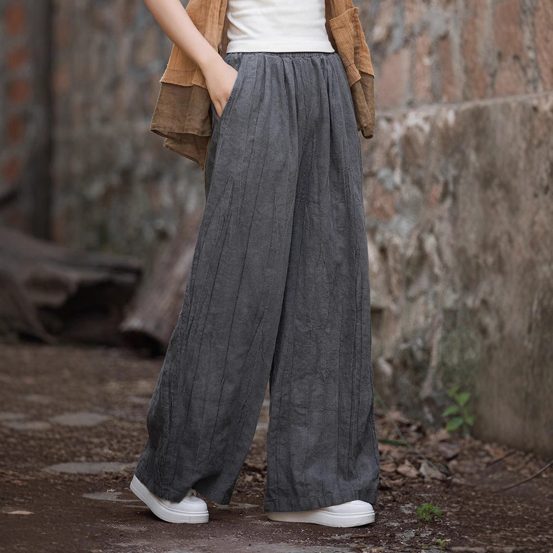 Women’s Wide-Leg Pants - Elastic Waist - Relaxed Fit - Lightweight Textured Fabric