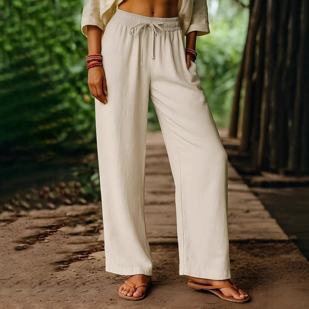 Women’s Wide Leg Pants – Cotton Linen – Relaxed Fit – Elastic Waist Drawstring