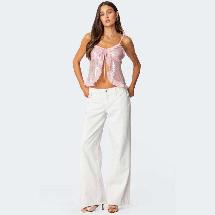 Women’s Camisole Top – Sequin Embellished – Ruffle Trim – Bow Detail – Cropped Loose Fit