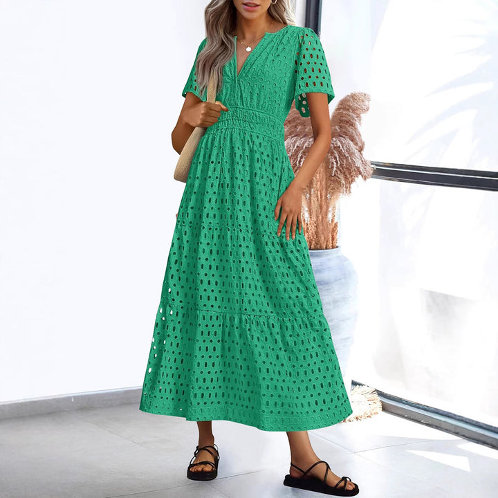 Women’s Fit and Flare Dress - Broderie Anglaise - V-Neck - Short Sleeve - Tiered Hem