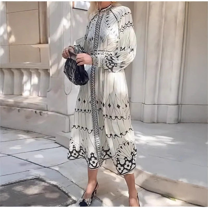 Women’s Midi Dress – Elegant Fit – Long Sleeve – Belted Waist – Patterned Design