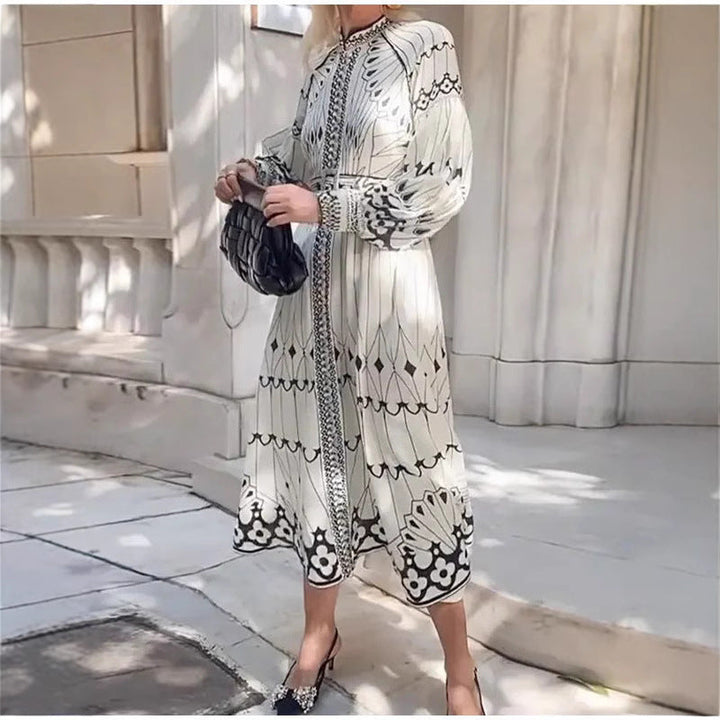 Women’s Midi Dress – Elegant Fit – Long Sleeve – Belted Waist – Patterned Design