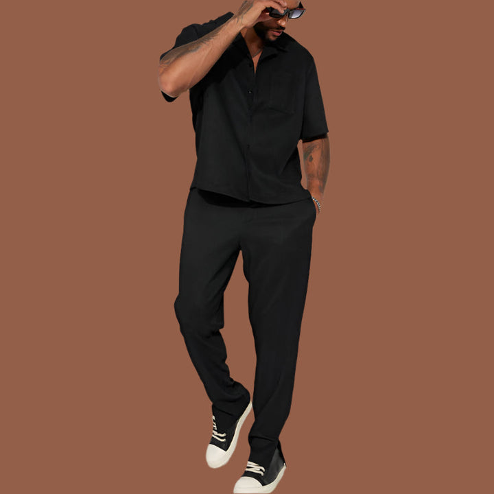 Men’s Casual Set – Relaxed Fit Shirt with Collar – Full-Length Pants