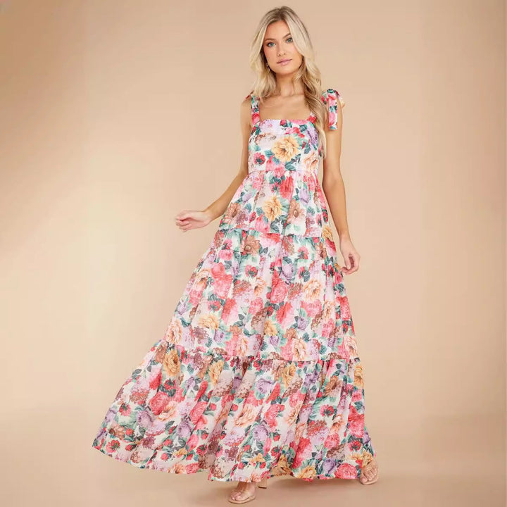 Women’s Maxi Dress – Sleeveless Tiered – Square Neck – Lightweight Floral Cotton Blend