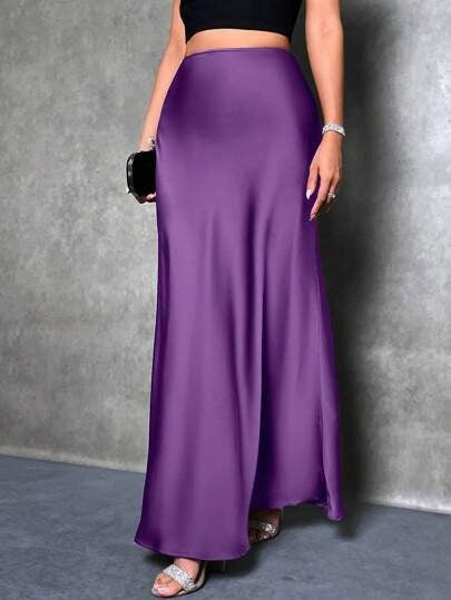 Women’s Maxi Skirt - Slim Fit - Flared Hem - Satin Finish - Minimal Elegant Style
