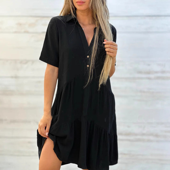 Women's Swing Dress - Relaxed Fit - Natural Fibers - Button-Up Front - Tiered Skirt
