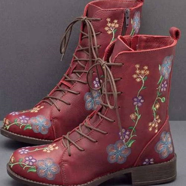 Women’s Mid-Calf Boots – Embroidered Floral – Round Toe – Block Heel – Lace-Up Zip