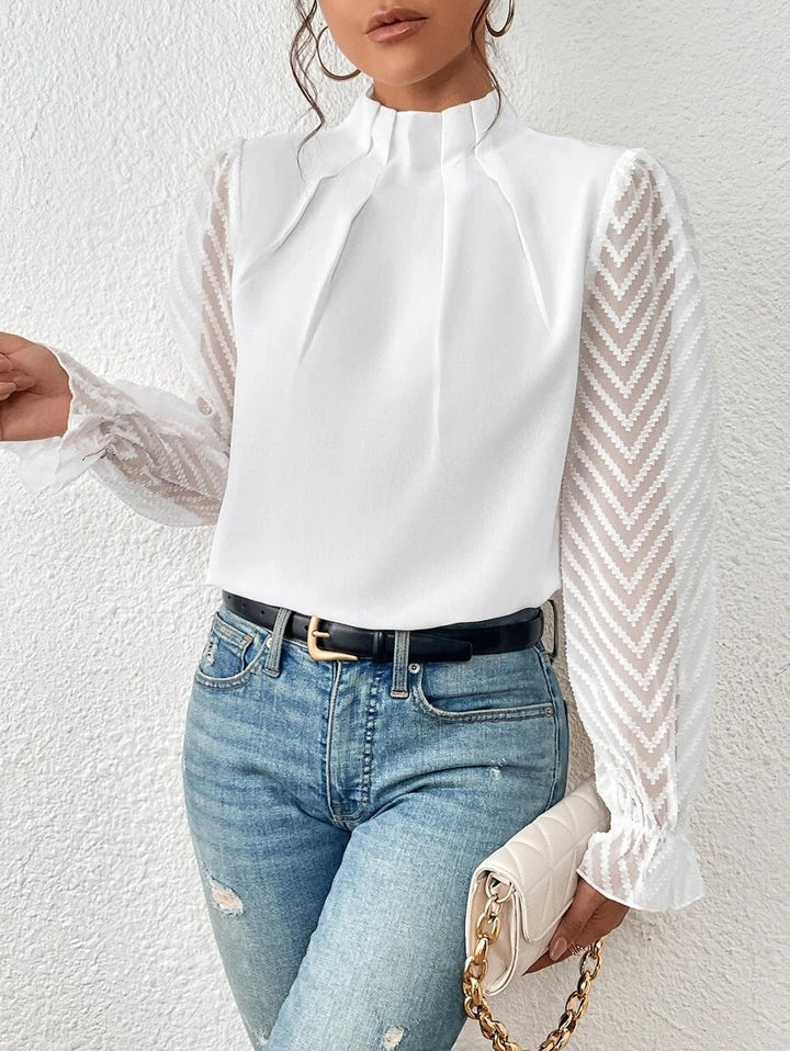 Women’s Blouse – Relaxed Fit – High Neck – Sheer Sleeves – Elegant Silhouette