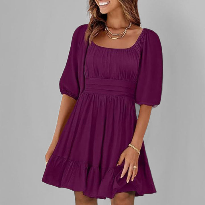 Women’s A-Line Dress – Square Neck – Puff Sleeve – Ruffle Hem – Lightweight Cotton