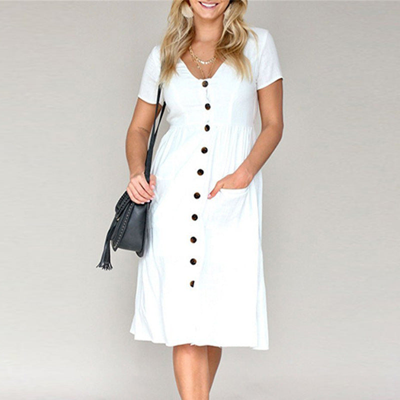 Women’s A-Line Dress – Button Front – V-Neck – Short Sleeve – Breathable Blend – Midi Length