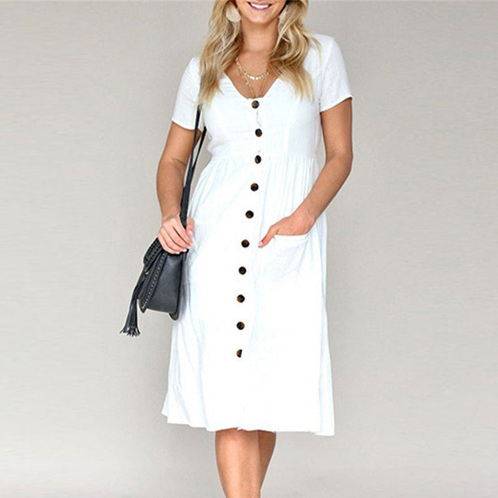 Women’s A-Line Dress – Button Front – V-Neck – Short Sleeve – Breathable Blend – Midi Length
