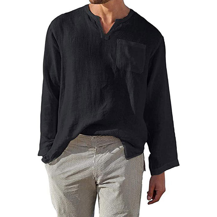 Men’s Long Sleeve Shirt - Linen Cotton Blend - Relaxed Fit - Band Collar Casual Wear