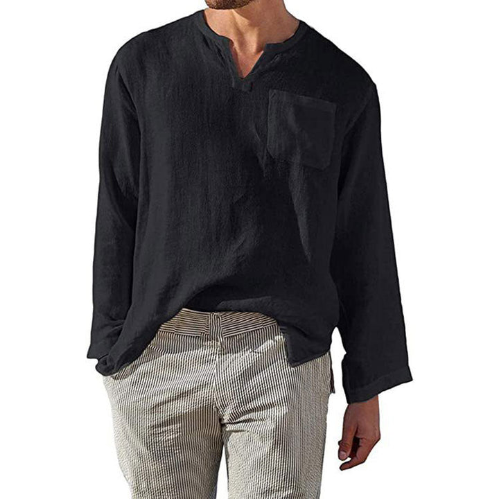 Men’s Long Sleeve Shirt - Linen Cotton Blend - Relaxed Fit - Band Collar Casual Wear