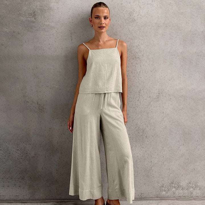 Women’s Jumpsuit - Lightweight Cotton Linen - Relaxed Fit - Spaghetti Straps - Drawstring Waist