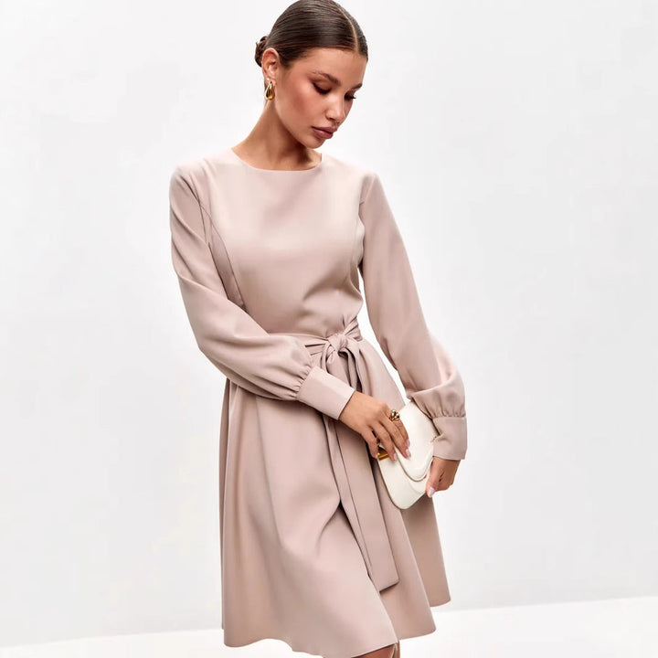 Women’s Midi Dress – Tie Waist – Puff Sleeve – A-Line Silhouette – Round Neckline