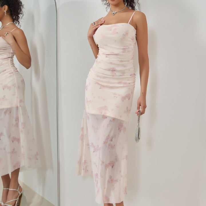 Women’s Maxi Dress – Ruched Bodice – Spaghetti Straps – Floral Print – Flowing Skirt